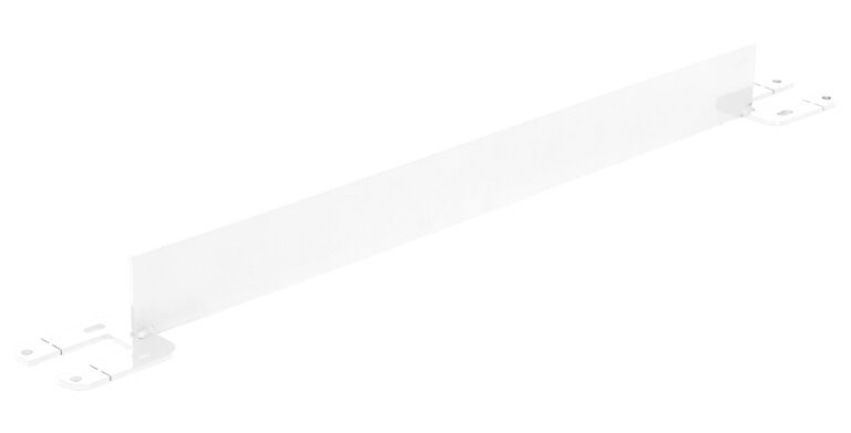 VDKR-4-TB-WT_A.jpg A white metal bracket featuring a long, flat rectangular strip with mounting holes on both ends, similar to the Vestil Toeboard For Pipe Safety Railing 48 Inches White, set against a clean white background.