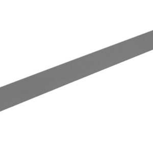 A long, flat metal bracket with a rectangular shape and right-angle bends at both ends, similar to the 72-inch gray Vestil Toeboard for Pipe Safety Railing, is shown against a plain white background with holes for mounting.