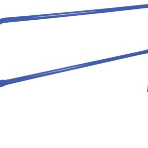 The Vestil Steel Pipe Safety Railing, 84 inches in length, has a blue metal frame with two vertical legs and a horizontal bar. Designed for support or as a barrier, it offers functionality without intricate decoration.