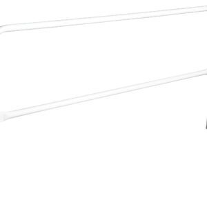 A minimalistic white metal bed rail echoes the Vestil Steel Pipe Safety Railing 84 In Length White, showcasing two horizontal bars and rounded corners.