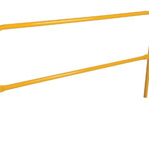 A yellow Vestil Steel Pipe Safety Railing, 84 inches long with two parallel bars, stands upright on a white background.
