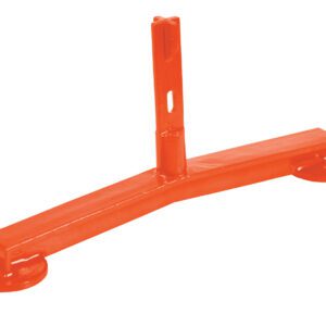 The Vestil Orange Pipe Railing Barricade Base with Feet is a sturdy orange metal stand, featuring a central vertical post and a T-shaped base with round footings at each end.