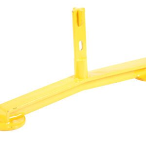 The Vestil Pipe Railing Barricade Base W/Feet has a T-shaped yellow metal frame with two round feet for stability and an upright slot for holding objects securely.