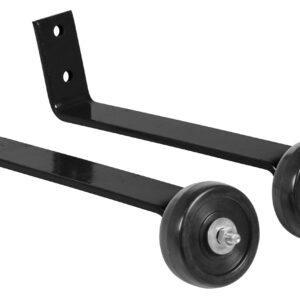 Two black metal brackets feature swivel wheels and central bolts, ideal for support or guidance. Each has two mounting holes, similar to the versatile Vestil Black Pipe Railing Barricade Base W/Wheels.