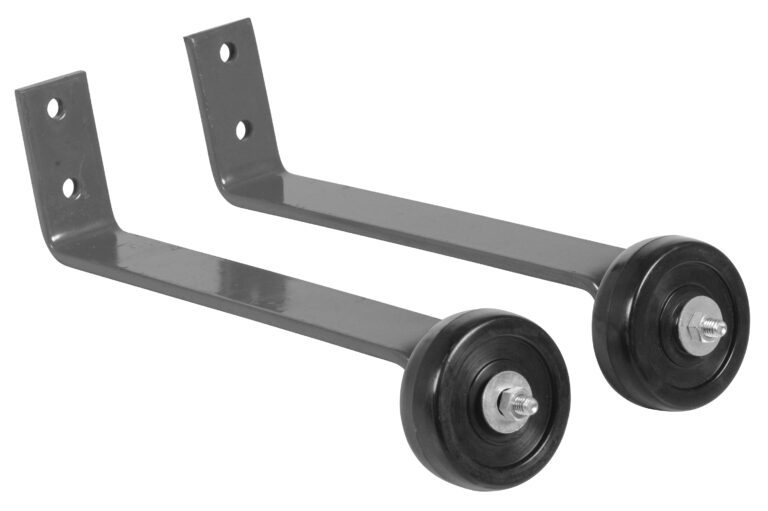 VDKR-BB-W-GYSG_A.jpg Two metal training wheels with black rubber tires and mounting brackets combine utility and style, echoing the Vestil Gray Pipe Railing Barricade Base W/Wheels. Aligned in tandem, they ensure dependable support for smooth maneuverability.