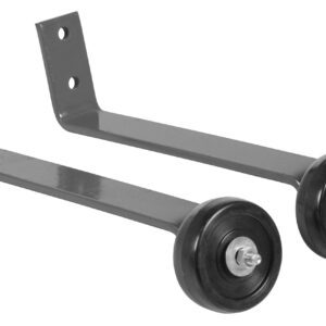 Two metal training wheels with black rubber tires and mounting brackets combine utility and style, echoing the Vestil Gray Pipe Railing Barricade Base W/Wheels. Aligned in tandem, they ensure dependable support for smooth maneuverability.