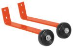 A pair of Vestil orange training wheels feature black rubber tires, metal centers, and mounting arms akin to a pipe railing barricade base, complete with securing holes.