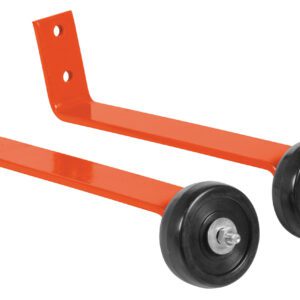 A pair of Vestil orange training wheels feature black rubber tires, metal centers, and mounting arms akin to a pipe railing barricade base, complete with securing holes.