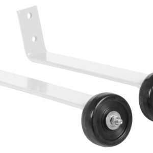 Two metal L-brackets with black wheels, like the Vestil White Pipe Railing Barricade Base W/Wheels, feature two mounting holes on the vertical section and a single wheel on the horizontal. When aligned parallel, they provide both stability and mobility.