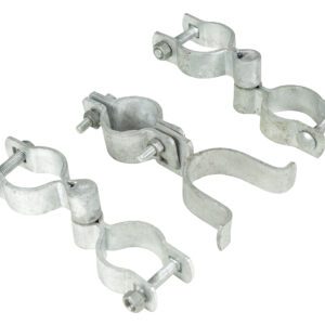 Four hinged silver metal pipe clamps, similar to those in the Vestil Pipe Safety Railing system, are displayed against a white background. Each clamp has two halves joined by bolts and nuts to securely hold pipes together and is arranged in a slightly scattered formation.