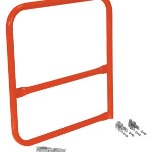 The image shows a Vestil Orange Pipe Safety Railing Gate, B-shaped, 36x36, with two horizontal bars and silver mounting brackets and screws at the bottom right for easy installation.