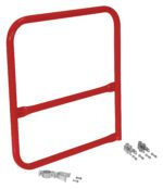 The Vestil Red Pipe Safety Railing Gate-B Shaped 36X36 showcases a vibrant red metal finish with two horizontal bars and comes with metal mounting brackets and screws, set against a white background.
