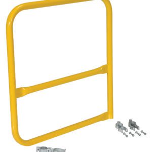 The Vestil Pipe Safety Railing Gate-B Shaped 36x36 features a yellow metal guard rail with two horizontal bars and includes two sets of silver mounting brackets and screws, all showcased on a white background.