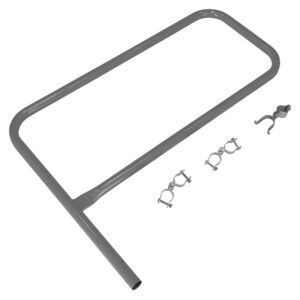 The Vestil Gray Pipe Safety Railing Gate-P Shaped 36X36 is a durable, surface-mountable safety railing featuring a P-shaped bar with a rectangular, curved top and vertical support. It includes three brackets with screws for easy installation and comes in classic gray.