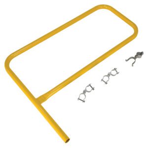 A yellow metal guard rail with a right-angle bend resembles the Vestil Pipe Safety Railing Gate-P Shaped 36X36, accompanied by three gray metal clamps and a hook for construction or industrial safety, set against a plain white backdrop to highlight its practical design.