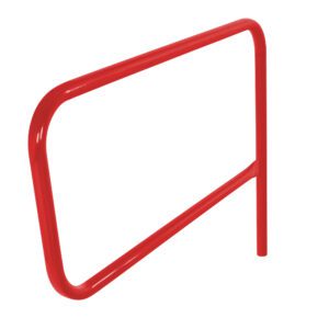The Vestil Red Pipe Safety Railing Gate-P Shaped 48X36 has a simple P-shaped design with a rectangular frame, rounded corners, and is supported by one vertical post.