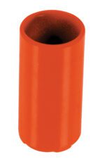 A vivid orange, cylindrical cap resembling the Vestil Orange Pipe Safety Rail Metal Sleeve 2 In Dia stands upright against a white background. It features an open top and closed bottom, ideally fitting a 2-in diameter metal pipe snugly for added protection.