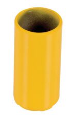 A cylindrical yellow plastic piece with a hollow center and rounded top edge, reminiscent of the safety features in Vestils Pipe Safety Rail Metal Sleeve 2 In Dia. Its darker interior is visible, and its smooth surface gleams like a well-crafted metal sleeve.