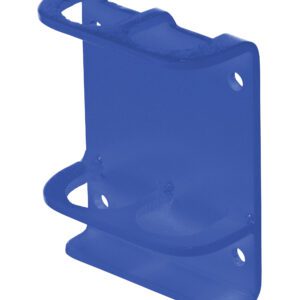The Vestil Blue Vertical-Mount Handrail Sockets wall-mounted holder features an angular design with two main compartments for organizing cords or tools. It includes handrail sockets and multiple mounting holes for secure installation.