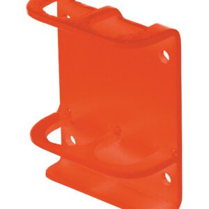The Vestil Orange Vertical-Mount Handrail Socket features three circular cutouts and six screw holes for secure mounting, perfect for organizing items like spray cans.