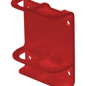 The Vestil Red Vertical-Mount Handrail Sockets feature a red metal bracket with a flat base and four rear mounting holes, crafted to hold two objects. Its bold color and simple design make it perfect for home and industrial applications.