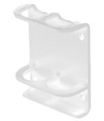 The Vestil White Vertical-Mount Handrail Sockets are clear plastic brackets with a smooth finish, featuring two mounting slots and three rounded cutouts in the lower section for securely holding or organizing cylindrical objects with ease.
