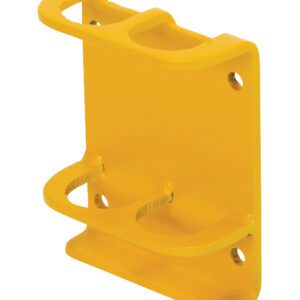 Yellow wall bracket with two circular holders, similar to the Vestil Pipe Safety Railing - Wall Mount Bracket. It has four screw holes for easy wall mounting and is ideal for storing objects.