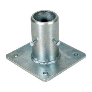 The Vestil Steel Single Socket W/O Toeboard has a cylindrical tube on a square base plate, featuring four evenly spaced holes and two side bolts on the tube, offering a durable, industrial design perfect for robust construction needs.