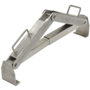 The Vestil Stainless Steel Drum Lifter 1000 Lb, made of shiny steel, has a scissor-like mechanism with angled arms and handles for precise lifting tasks up to 1000 lb, combining durability for mechanical purposes.