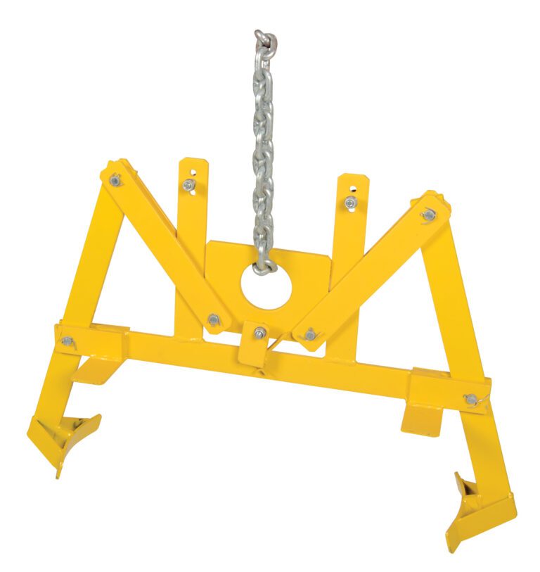The Vestil Vertical Drum Lifter W/ 1000 Lb Capacity includes a yellow metal clamp with chain and two adjustable, claw-ended arms to securely grip drums or cylinders.