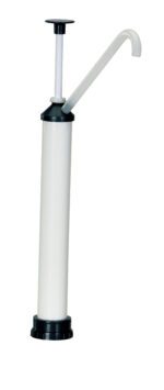The Vestil Polypropylene Drum Pump 16 Oz Per Stroke features a long white body with black fittings and an angled spout. Its manual plunger handle makes liquid transfer effortless, delivering 16 oz per stroke.