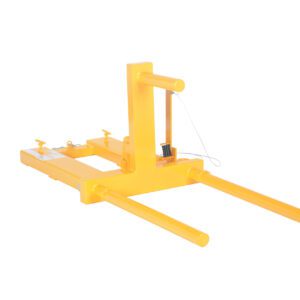 The Vestil Economy Drum Positioner 55 Gal 800 Lb features a yellow forklift attachment with two horizontal prongs, a vertical component, and securing mechanism, designed to lift 55-gallon drums up to 800 lbs. Its all set against a crisp white background.