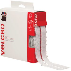 A Velcro brand box displays a partially unrolled strip of 3/4 x 15 - White VELCRO® Brand Tape from the Combo Packs series, in a predominantly white box with red accents and product labeling.
