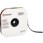 A roll of 5/8 x 75 Black VELCRO® Brand Tape - Hook, with a white and brown cardboard holder featuring the Velcro logo and company details. One end of the tape is extended, ready to use.