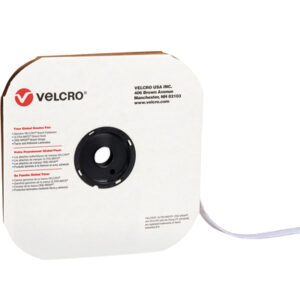 The sleek white dispenser, with a black circular opening, contains a 3/4 x 75 roll of Hook White VELCRO® Brand Tape. Branded with the logo and details, it neatly dispenses individual strips from the side.
