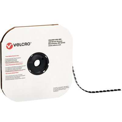 VEL122.jpg A large spool of 1/2 black VELCRO® Brand tape, featuring individual hook and loop dots (1440 per case), reveals a white box with a black center spindle.