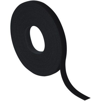 VEL132.jpg A large roll of black adhesive tape, similar to the 3/4 x 75 Black VELCRO® Brand Self-Grip Straps, is partially unrolled on a plain white background.