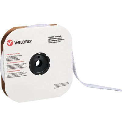 VEL136.jpg A large roll of 1 x 75 white VELCRO® Brand Tape with a black spool and cardboard cover features the Velcro logo and contact information. The durable loop design is partially unwound for versatile use, showcasing its strength. Product: 1 x 75 - Loop - White VELCRO® Brand Tape - Individual Strips.