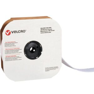 The cardboard dispenser box holds a roll of 2 x 75 Hook White VELCRO® Brand Tape - Individual Strips. The white tape unrolls from the right, contrasting the red and black text with the Velcro logo.