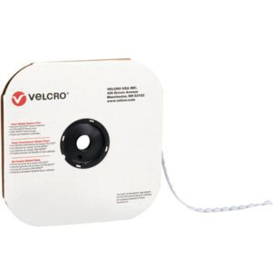 A spool of 3/4 White VELCRO® Brand Tape includes loop strips with visible holes. The square packaging features a circular center for easy dispensing, while the Velcro logo on the top left ensures quality and brand recognition. Known as 3/4 Loop - White VELCRO® Individual Dots (1028/Case).