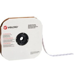 This white VELCRO® Brand Tape dispenser displays a 1 7/8 loop strip unwound from the black spool, featuring evenly spaced hook sections as individual dots.