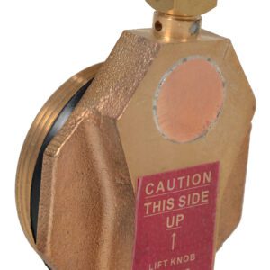 The Vestil Horizontal Drum Vent for 30 & 55-gallon drums includes an industrial brass safety valve with a warning label: Caution This Side Up. Instructions state: Lift Knob to Vent. The model number, Vent-H, and a website URL are also clearly shown.