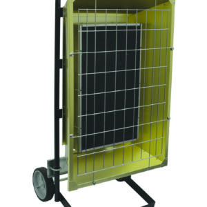 The Vestil Port Elec Infrared Heater 4.3 Kw 240V/3 is a portable unit with large rear wheels, a sturdy black handle, and a grid-patterned metal cage front for easy mobility and convenience.