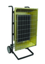 A yellow metal wheeled cage with a vertical handle and two black support bars houses the Vestil Port Elec Infrared Heater 4.3 Kw 480V/3, featuring a grid-like front and black panel for enhanced functionality, with an integral dolly for easy transport.