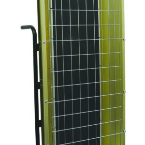 A tall, rectangular yellow metal cage with a wire mesh front is mounted on a black wheeled hand truck frame. It mirrors the robust design of the Vestil Port Elec Infrared Heater 9.5 Kw 240V/3, ensuring secure transport with its strong structure and black interior.