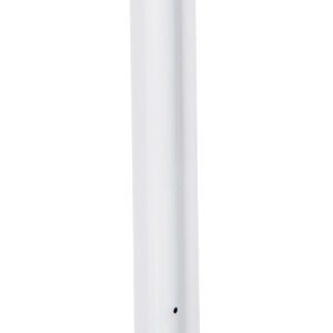 A tall, cylindrical white pole like the Vestil White Surface Flexible Stakes 24 X 3.25 is mounted on a round black base, standing isolated against a pristine white background.
