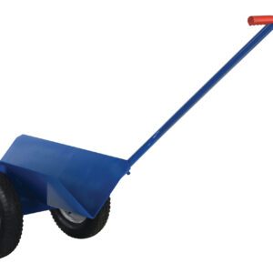 The blue two-wheeled hand truck resembles the Vestil V-Groove Pipe Mover with Pneumatic Wheels, featuring a long handle with red grips and black wheels with white rims. Its flat, angled platform is ideal for efficiently carrying loads.