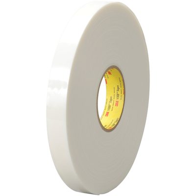 VHB462201R.jpg A large roll of 1 x 5 yds. White 3M™ 4622 VHB™ Tape (1 Roll/Case), featuring a yellow inner core and red text, is neatly wound with a smooth surface and stands upright against a plain background.