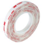 A roll of 1/2 x 5 yds. White 3M™ 4920 VHB™ Tape (1 Roll/Case) is neatly coiled in a circular form against a plain white background.
