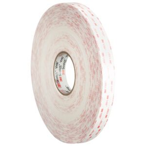 A large roll of 1 x 5 yds. white 3M™ 4950 VHB™ Tape (1 Roll/Case) with red text on the surface is displayed against a white background, featuring branding and product details in bold black and red text on the inner core.
